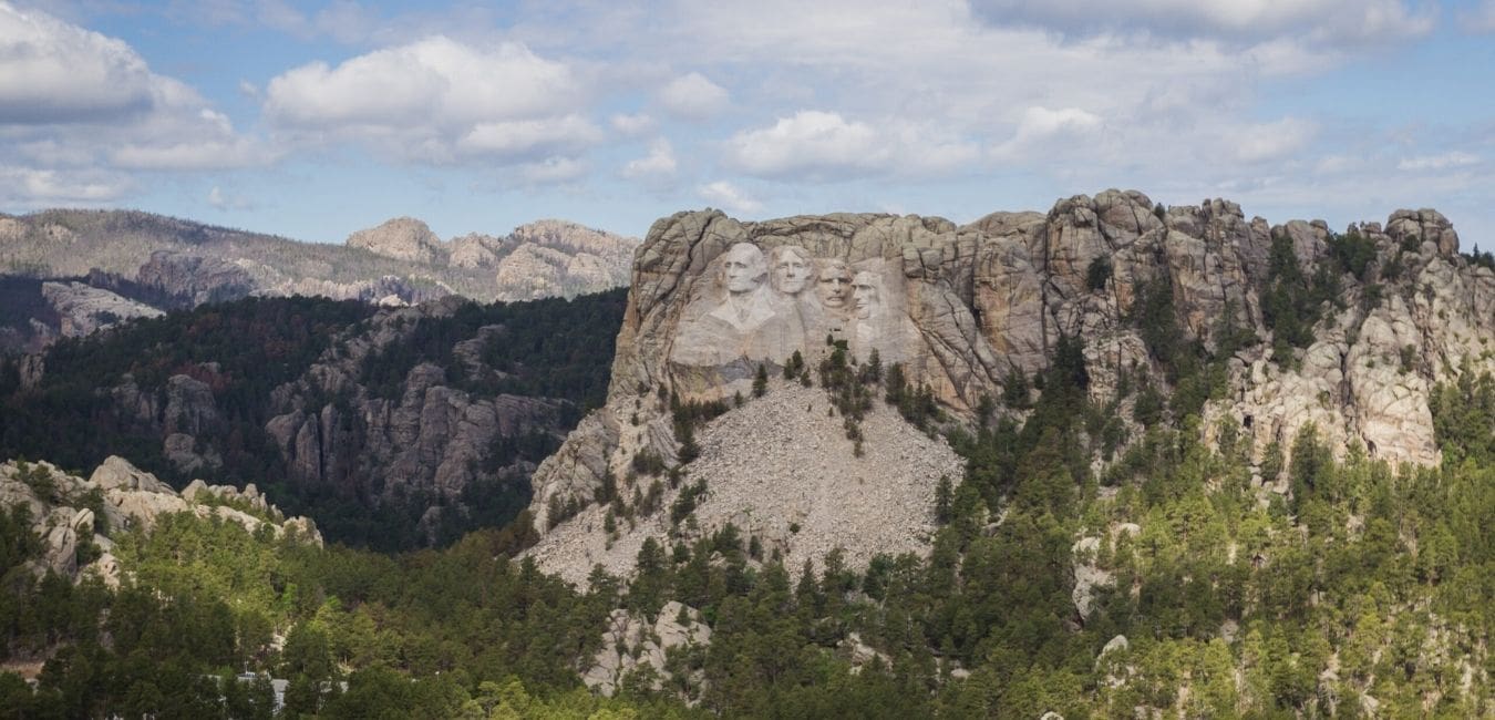 Zoomed out aerial view of Mount Rushmore in South Dakota